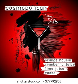 Cosmopolitan cocktail in grunge style. Abstract design concept for promotional flyer, invitation, banner or cocktails menu. Vector eps8