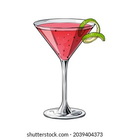 Cosmopolitan cocktail, hand drawn alcohol drink. Vector illustration on white background