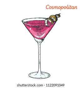 Cosmopolitan cocktail illustration. Alcoholic cocktails hand drawn vector illustration.