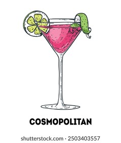 Cosmopolitan cocktail illustration. Hand drawn sketch. Vector illustration. Isolated object.