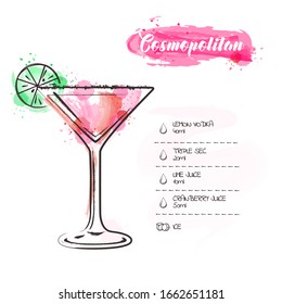 Cosmopolitan. Cocktail infographic set. Vector illustration. Colorful watercolor background