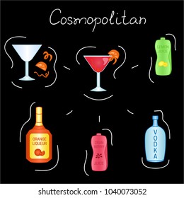 Cosmopolitan Cocktail ingredients isolated vector colorful illustration