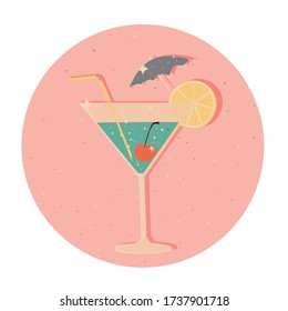 Cosmopolitan cocktail with lemon and cocktail cherry, a straw and an umbrella. Retro icon, vector illustration.