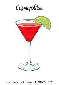 Cosmopolitan cocktail, with lime. For cafe and restaurant menu, packaging and advertisement. Hand drawn. Isolated image. Vector illustration.