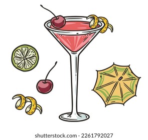 Cosmopolitan cocktail with lime and cherry for summer party. Ping alcochol cocktail for beash bar. Cosmo with vodka and cranbery for design of menu