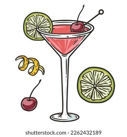 Cosmopolitan cocktail with lime and cherry for summer party. Ping alcochol cocktail for beash bar. Cosmo with vodka and cranbery for design of menu