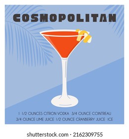 Cosmopolitan Cocktail in martini glass garnished with lemon twist. Summer aperitif recipe. Retro minimalist square print. Card with alcoholic beverage with tropical palm shadow. Vector illustration.