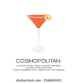 Cosmopolitan Cocktail in martini glass garnished with lemon twist. Summer aperitif recipe retro minimalist square print. Menu card with alcoholic beverage on white background. Vector illustration.