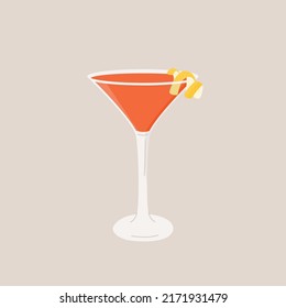 Cosmopolitan Cocktail in martini glass garnished with lemon twist. Summer aperitif drink minimalist square print. Alcoholic red beverage isolated on background. Vector flat style illustration.