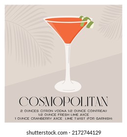 Cosmopolitan Cocktail In Martini Glass Garnished With Lime Twist. Summer Aperitif Recipe Retro Minimalist Square Print. Menu Card With Alcoholic Beverage With Tropical Palm Shadow. Vector Illustration