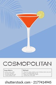 Cosmopolitan Cocktail in martini glass garnished with lime wheel. Summer aperitif recipe retro minimalist print. Alcoholic beverage with tropical palm shadow on background. Vector flat illustration.