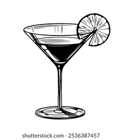 Cóctel cosmopolita, copa Martini, boceto realista, estilo vintage, Ilustración vectorial dibujada a mano