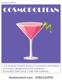 Cosmopolitan cocktail on the violet background. Vector illustration of classical alcoholic drink. Cocktail recipe poster