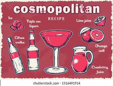 Cosmopolitan cocktail recipe retro poster. Vector illustration.