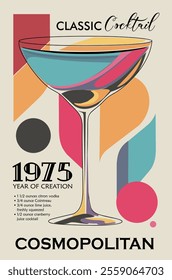 Cosmopolitan Cocktail retro poster. Popular alcohol drink. Vintage flat vector illustrations for bar, pub, restaurant, kitchen. Mid century modern wall art print.