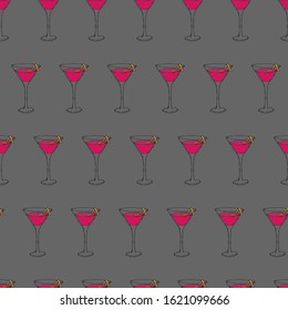 Cosmopolitan Cocktail seamless pattern. Hand drawing sketch outlines on grey background can be printed on textile, wallpaper, wrapping paper, greeting cards, used in logo, banner, landing page. Vector