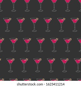 Cosmopolitan Cocktail seamless pattern. Hand drawing sketch outlines on grey background can be printed on textile, wallpaper, wrapping paper, greeting cards, used in logo, banner, landing page. Vector