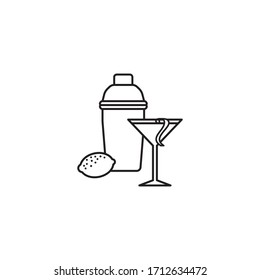 Cosmopolitan cocktail, shaker and lemon vector line icon. Famous alcoholic drink outloine symbol