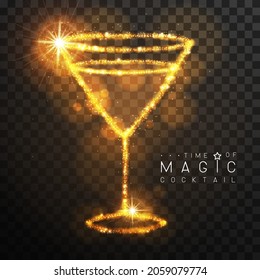 Cosmopolitan cocktail silhouette  with golden glowing shiny trail isolated on black transparent background. Vector illustration
