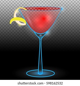 Cosmopolitan cocktail transparent.Neon cocktail with light glowing isolated on black background. Illustration of alcohol drink with transparency effect.