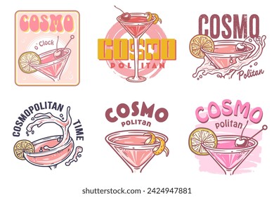 Conjunto de Vector de cóctel cosmopolita con ralladura de naranja para bar de cócteles o fiesta de verano de bebidas. Colección de cóctel de alcohol con vodka para bar de playa y menú de cafetería.