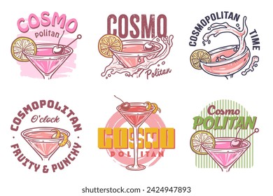 Conjunto de Vector de cóctel cosmopolita con ralladura de naranja para bar de cócteles o fiesta de verano de bebidas. Colección de cóctel de alcohol con vodka para bar de playa y menú de cafetería.