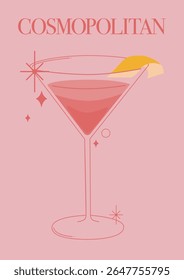 Vector de cóctel cosmopolita. Ilustración de bebida rosa vibrante. Menú de bar y diseño promocional de fiesta.