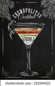 Cosmopolitan cocktail in vintage style drawing with chalk on blackboard