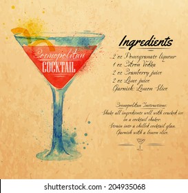 Cosmopolitan cocktails drawn watercolor blots and stains with a spray, including recipes and ingredients on the background of kraft