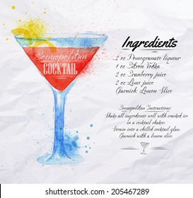 Cosmopolitan cocktails drawn watercolor blots and stains with a spray, including recipes and ingredients on the background of crumpled paper