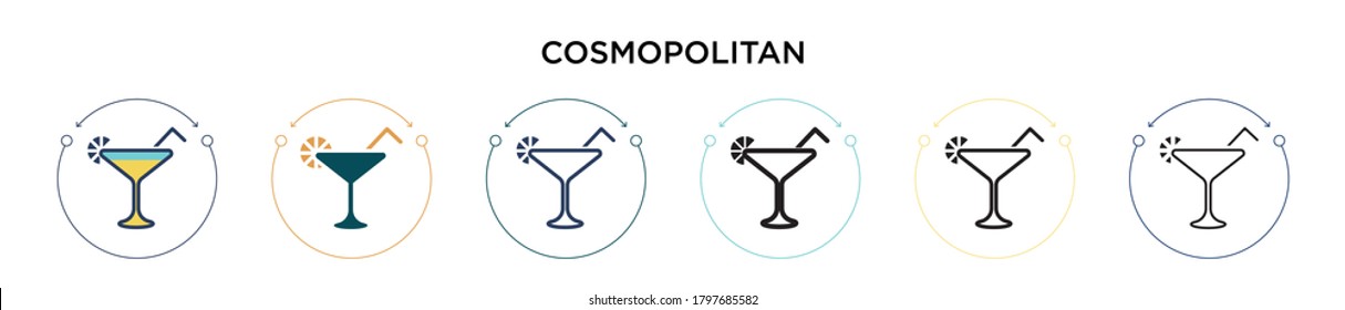 Kosmopolitisches Icon in vollem, dünnen Linie, Umriss und Strich Stil. Vektorgrafik von zwei farbigen und schwarzen kosmopolitischen Vektorgrafiken-Designs kann für mobile, i, web-basierte