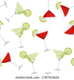 Cosmopolitan and Margarita cocktails seamless pattern. Alcohol drinks background.