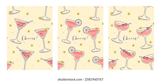 Cosmopolitan, martini and margarita Cocktails Modern flat prints. Colorful background with cocktail glasses. Cafe, bar and restaurant concept poster and web banner. Vector illustration