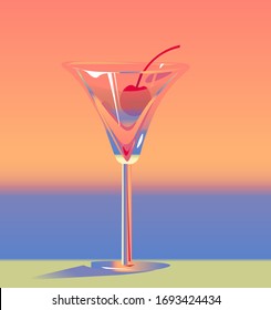 Cosmopolitan realistic cocktail in glass with cherry stick on the pink sunset with sea on the background. Vector illustration