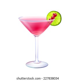 Cosmopolitan realistic cocktail in glass with lime slice and cranberry stick isolated on white background vector illustration