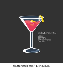 Cosmopolitan red cocktail. Martini glass. Vodka, Cointreau, Cranberry and Lime Juice cocktail vector illustration. Cosmo with lemon