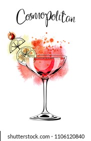 Cosmopolitan.Watercolor illustration of cocktail. Hand drawn sketch