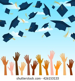 Cosmopolite. Hands Up Of Different Races, Nationalities And Color Hands Throwing Blue Graduation Caps In The Air. African, American, European, Asian, Indian Hands Graduation Caps Fly To Air