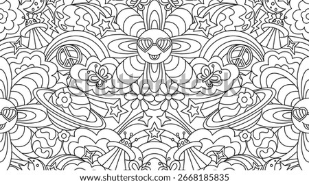 Cosmos 70s style seamless pattern. Coloring page for adult and children. Black and white vector illustration for coloring book design.