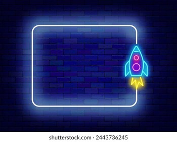 Cosmos adventure neon advertising. Empty white frame and rocket symbol. Space exploration. Astronomy and astrology design. Copy space. Glowing flyer. Editing text. Vector stock illustration