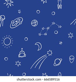 Cosmos astronomy simple seamless pattern. Endless galaxy inspiration graphic design typography element. Hand drawn Cute simple vector background.