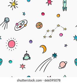 Cosmos Astronomy Simple Seamless Pattern. Endless Galaxy Inspiration Graphic Design Typography Element. Hand Drawn Cute Simple Vector Background.