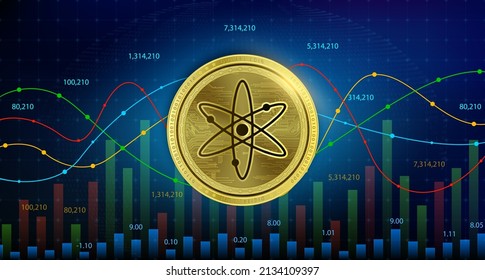 Cosmos	(ATOM) coin. Cryptocurrency blockchain. Future digital currency replacement technology alternative currency, Silver golden stock chart number up down is background. 3D Vector illustration.
