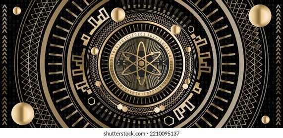 Cosmos ATOM crypto coin luxury golden ornamental vector background illustration