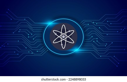 Cosmos Atom crypto currency with circuit line vector bacground . Cosmos Crypto currency vector illustration on blue  background