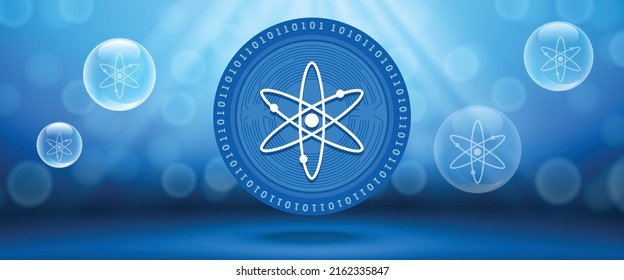 Cosmos (ATOM) crypto currency futuristic tech vector background. Can be used as wallpaper, website banner, poster and technology backdrop. 