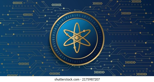 Cosmos (ATOM) krypto währung metallischen Münzen Vektorgrafik. Blockchain-basiertes Virtual-Geld-Konzept, futuristisches Banner, Hintergrund- und Hintergrunddesign.