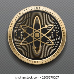 Cosmos (ATOM) cryptocurrency golden coin isolated in transparent background. Virtual currency token symbol vector illustration based on cryptography and block chain technology.