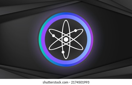 Cosmos Atom cryptocurrency logo. Electronic money. Background of virtual money. Modern neon color banner. Cryptocurrency Blockchain technology concept.