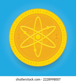 Cosmos ATOM golden coin isolated on blue background. Cryptocurrency vector illustration eps 10 template.